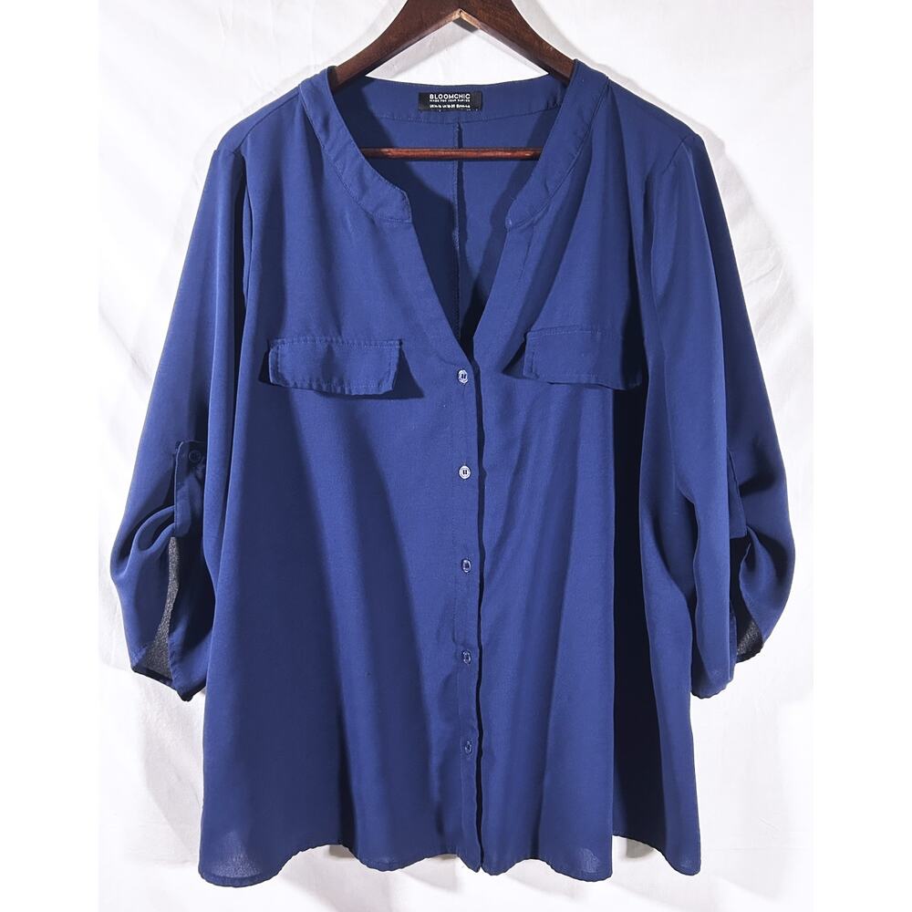 Bloomchic Navy Blue V-Neck Roll Tab Sleeve Flowing Blousem14/16
